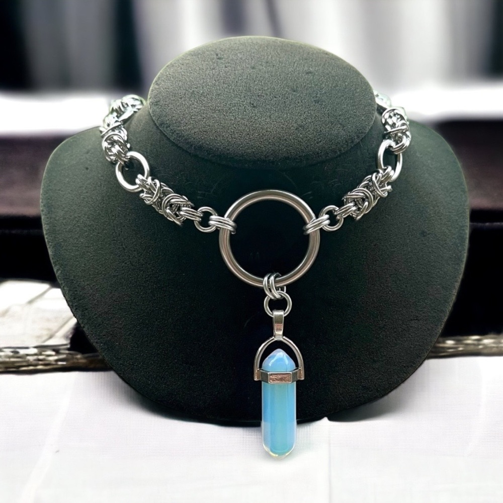 Handmade maille necklace with blue iridescent opalite bullet celtic boho goth